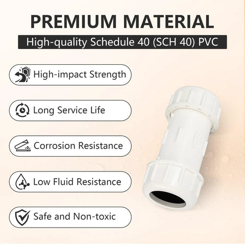 Rock Solid One And One Half Inch Compression Pvc Coupling Fittings 5 Pack Schedule 40 Pipe Connector For Home Plumbing And Water Lines, premium SCH 40 PVC.