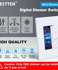 Slick Digital LED Dimmer Switch With Air Gap Power Cut Off And Precise Brightness Adjustments For Zero Hassle Three Way Lighting Upgrades Around The House, digital control panel, white finish.