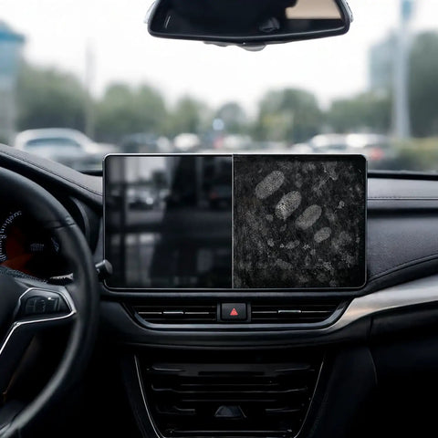 Car interior with touchscreen displaying before and after cleaning, using 2 Pack Car And Device Screen Cleaner Spray And Wipe 2 In 1.