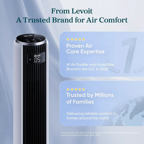 Ultra Quiet Tower Fan For Bedroom That Blows Fresh Cold Air With Rapid 28 Ft S Airflow And Wide Oscillation For Smooth All Night Sleep And Straight Up Chill Summer Vibes At Home with digital display and brand logo.