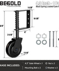 Diagram of a Heavy Duty 4.3 Inch Gate Wheel Caster for Outdoor Wooden Gates and Fences, showing dimensions and included hardware.