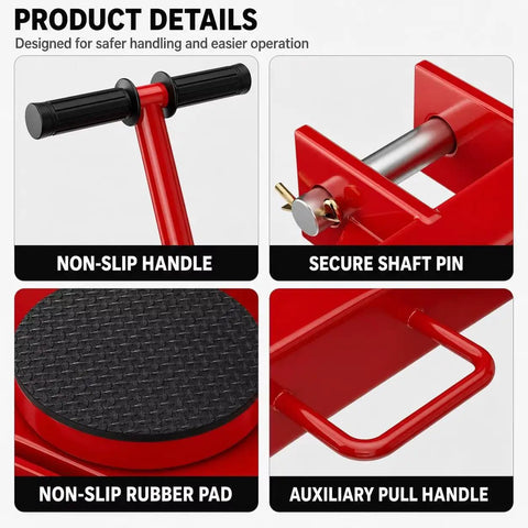 Heavy Duty Machine Mover Skates With 24 Ton Load Capacity And Sturdy Handles For Smooth Rollin Across Factory Concrete Floors Built Tough With Reinforced Steel Shafts To Shift Heavy Industrial Gear Without Breaking A Sweat. Close-up of non-slip handle and auxiliary pull handle.