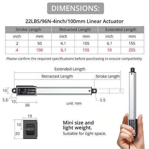 Dimensions of Ultra Compact 12V Mini Linear Actuator Packing A Rock Solid 4 Inch Stroke And 21 Pound Push Pull Force IP54 Waterproof