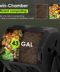 43 Gallon Outdoor Tumbling Compost Bin With Dual Chamber Sliding Doors For Garden And Patio, 360 Degree Rotary Tumbler, No Hassle Way To Turn Kitchen Scraps Into Rich Nutrient Soil showing compost process with waste and soil inside.
