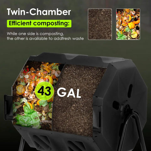 43 Gallon Outdoor Tumbling Compost Bin With Dual Chamber Sliding Doors For Garden And Patio, 360 Degree Rotary Tumbler, No Hassle Way To Turn Kitchen Scraps Into Rich Nutrient Soil showing compost process with waste and soil inside.