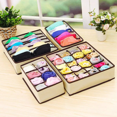 Slick Four Piece Underwear And Bra Storage Box Set Neat Closet Drawer Organizer with colorful lingerie and bras neatly organized.
