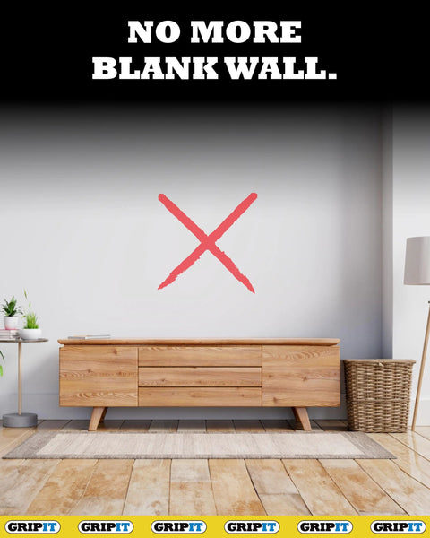 Wall with red X mark above wooden sideboard, text 'No More Blank Wall,' promoting Heavy Duty Drywall Anchors Pack Of 4 With Screws And 1 Inch Drill Bit Included For Plaster Walls Up To 205 Lbs 93 Kg Reusable Wall Anchors Kit Delivers Ultra Strong Grip And Even Load Distribution For Shelves Mirrors And Decor.