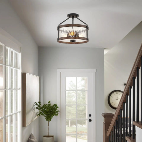 Rustic Farmhouse 14 Inch 3 Light Semi Flush Mount Ceiling Light With Crackle Glass Shade in a modern hallway.