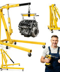 No Nonsense Heavy Duty Folding Engine Hoist Cherry Picker Featuring A Massive 59 Inch Boom and hydraulic lifting gear with engine.