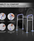 Heavy Duty Toilet Safety Rails 350 Lbs Adjustable Bathroom Grab Bar with soft grip handles, adjustable design, and suction cup supports.