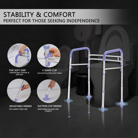 Heavy Duty Toilet Safety Rails 350 Lbs Adjustable Bathroom Grab Bar with soft grip handles, adjustable design, and suction cup supports.