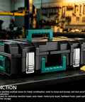 Heavy Duty Stackable Toolbox With Metal Clip And Easy Grip Top Handle For Modular Workshop Rig, black design with green handle.