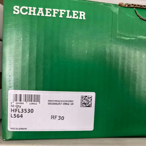 One Way Needle Roller Clutch Bearing With Drawn Cup Construction For HFL3530-L564 Specs packaging box from Schaeffler in green.