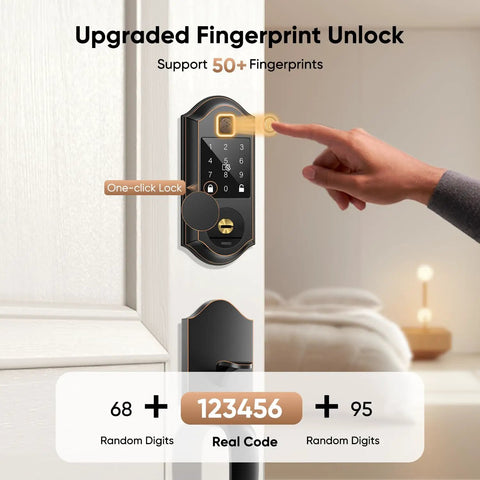 Rock Solid Slick Fingerprint Smart Front Door Lock Set Featuring Keyless Entry Handle Setup and Smooth Touchscreen Keypad with Seamless Bluetooth App Access and Heavy Duty Deadbolts Finished In Oil Rubbed Bronze showing fingerprint unlock feature.