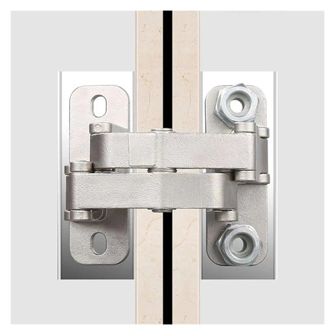 Heavy Duty Rugged Concealed Door Hinges For Stone And Marble Entries mounted on thick door frame with secure bolts.