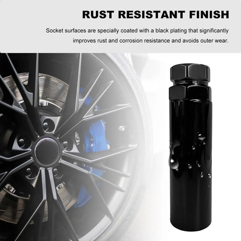 True Workhorse 6 Spline Lug Nut Socket And Wheel Lock Removal Tool shown with rust-resistant finish next to black alloy wheel.