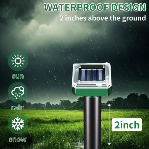 Solar Powered Ground Vibrating Pest Repellent For Gardens Lawns Yards Farms And Orchards Keeps Rats Snakes Rabbits Hedgehogs Outta Your Lawn With Ultrasonic Burrow Deterrence Every 30 Seconds showing waterproof design in rainy field