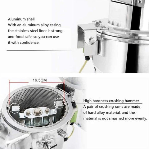Close-up of Electric Grain Grinder Mill High Speed Spice Herb Powder Machine For Commercial Use With Stainless Steel Inner Tank