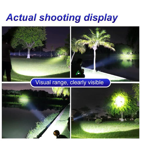 Beast Bright Rechargeable LED Headlamp lighting up trees and lake at night with green and red beams.
