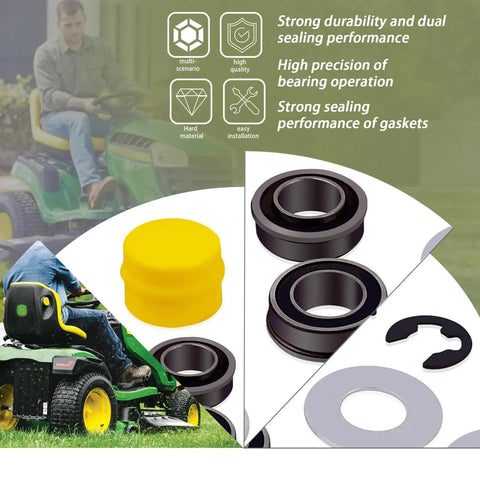 Ditch The Wobble With This Front Wheel Bushing To Bearing Conversion Kit For John Deere L100 L105 L108 L110 L130 Lawn Mower showing yellow bushing and black bearings.