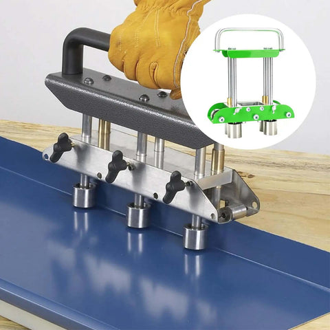 Pro-Grade Three Station Sheet Metal Roller Bender For 0 To 90 Degree Bends, adjustable rollers on blue metal sheet