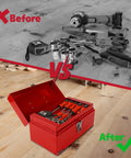 No Cap Heavy Duty Metal Tool Box With Secure Latch Lock, Portable 12 Inch Steel Storage Case For Job Sites And Backyard Builds, Durable Powder Coated Shell In Bold Red, before and after organization.