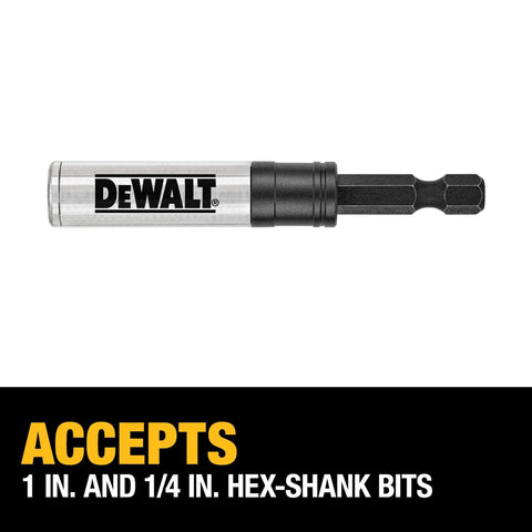 Three In One Impact Ready Bit Holder with Magnetic Retention and Locking Mechanism for 1 Inch Screw Driving Bits and 1/4 Inch Hex Shank Accessories.