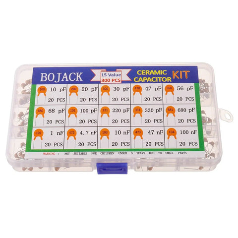 Hella Reliable 300 Piece Ceramic Capacitor Assortment Kit Offering 15 Sweet Capacitance Values displayed in a clear storage case.