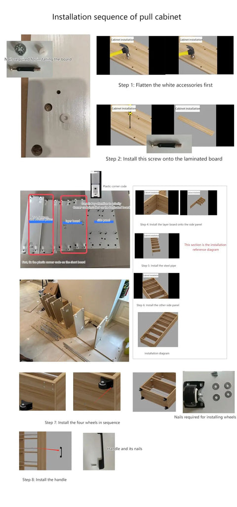 Installation sequence of pull cabinet including screws, laminated board, wheels, and handle for assembly.