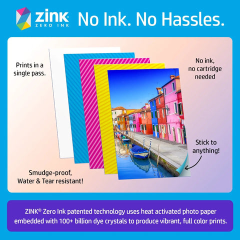 Colorful 2x3 ZINK photo prints showing vibrant colors, promoting ZINK Zero Ink technology, water and tear resistance, sticky back.
