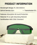 Heavy Duty Laser Safety Glasses With Ipl 200Nm To 2000Nm Broad Spectrum Eye Armor, green lenses on a display backdrop.