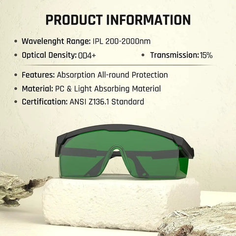 Heavy Duty Laser Safety Glasses With Ipl 200Nm To 2000Nm Broad Spectrum Eye Armor, green lenses on a display backdrop.