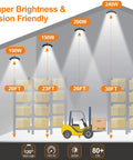Super Bright 150W LED High Bay Shop Lights putting out 19500 Lumens, illuminating warehouse with height comparison.