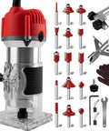 Compact Palm Wood Router Kit 110V 800W Electric Hand Trimmer With Gloves And 15 Router Bits displayed with tools and accessories