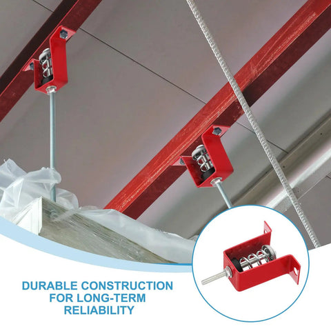 Heavy Duty Ceiling Spring Vibration Isolators 4 Pack red steel dampeners mounted for vibration control in HVAC systems.