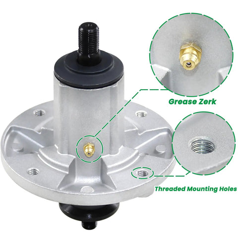 Top Shelf Spindle Assembly Kit For John Deere Z245 Ride On Mower Deck showing grease zerk and threaded mounting holes.