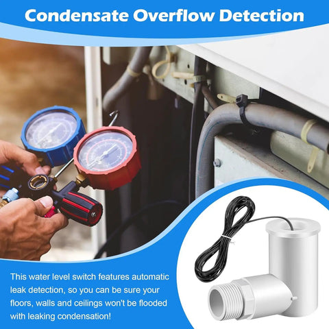 Condensate overflow detection setup with HVAC system, showing Six Pack Float Switch Kit For Easy Install And No Fuss Setup AC Float Switch.