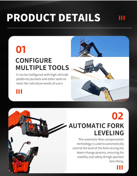 Heavy Duty Rough Terrain Telehandler Telescopic Forklift showing dual tool configurations and automatic fork leveling features.