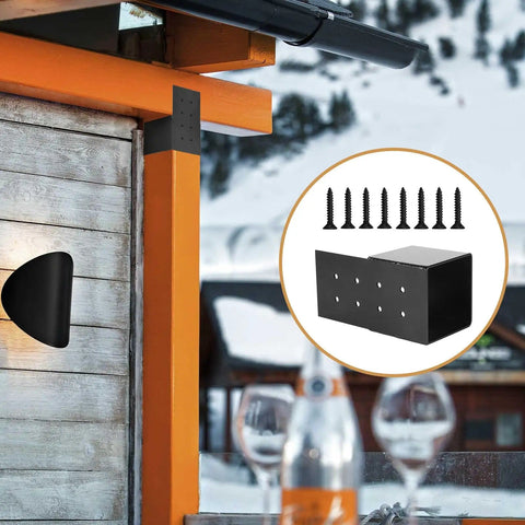 Heavy Duty Pergola Brackets Kit For 4x4 Wood Posts With Included Screws, installed on outdoor structure, and side view of bracket.