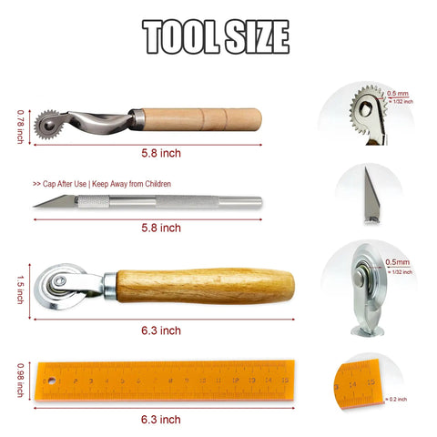 Tool size overview for Top Tier 5 Piece Box Resizer Kit Featuring Scoring Wheel Perforator Precision Ruler Craft Knife.