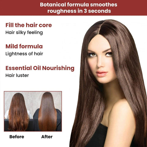 Hair care product showcasing smooth, shiny hair with botanical formula benefits and before-and-after comparison