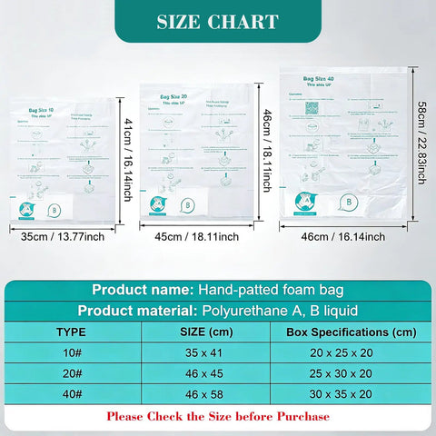 Size chart for 18 Pack Self Expanding Foam Packing Bags 18 By 23 Inch Rapid Expand Heavy Duty Shipping Pouches with dimensions and material details.