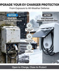 Built Different Outdoor EV Charger Enclosure Top Shelf Waterproof Rain Snow UV Guard Built For Wall Mounted Stations shown before and after installation.