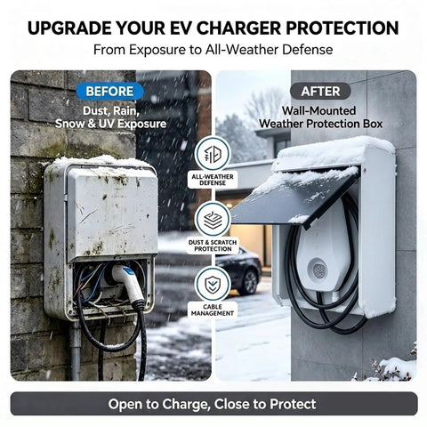 Built Different Outdoor EV Charger Enclosure Top Shelf Waterproof Rain Snow UV Guard Built For Wall Mounted Stations shown before and after installation.