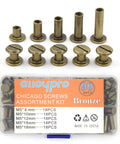 Premium Chicago Screw Assortment Kit Brass Leather Binding Posts Heavy Duty Hardware Fasteners for Crafting and Bookbinding DIY Jobs 6 10 12 15 18 mm sizes in bronze.