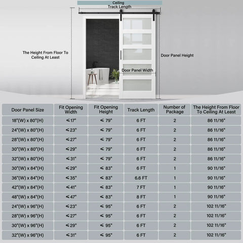 36X84 White Tempered Glass Sliding Barn Door With Complete Hardware Kit 6.6FT Rail handle size chart and dimensions reference