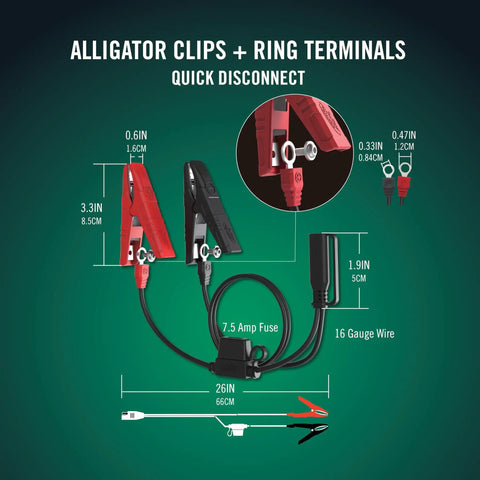 Alligator clips and ring terminals for 12V Smart Battery Charger And Maintainer For Powersports Riders.