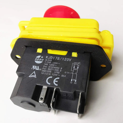 Waterproof Electromagnetic Push Button Switch With Emergency Stop Cover For Woodworking And Metalworking Machines 120V Or 220V 2HP 5 Pins Safety Push Button Switch For Saws Lathes CNC And Belt Sanders shown with model and pins visible