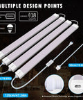 Image of 2Ft LED Ceiling Light Fixture 18W Plug Linkable Waterproof Tube Light For Garage Kitchen Bathroom Closet Office, 5000K Cool White, 1800Lux Bright, Energy Saving Dual Pack, showing four tube lights with measurement details.