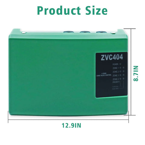 Upgraded 4 Zone Valve Control Board For Hydronic Heating Systems ZVC404-4 Replacement Module in green with size dimensions shown.
